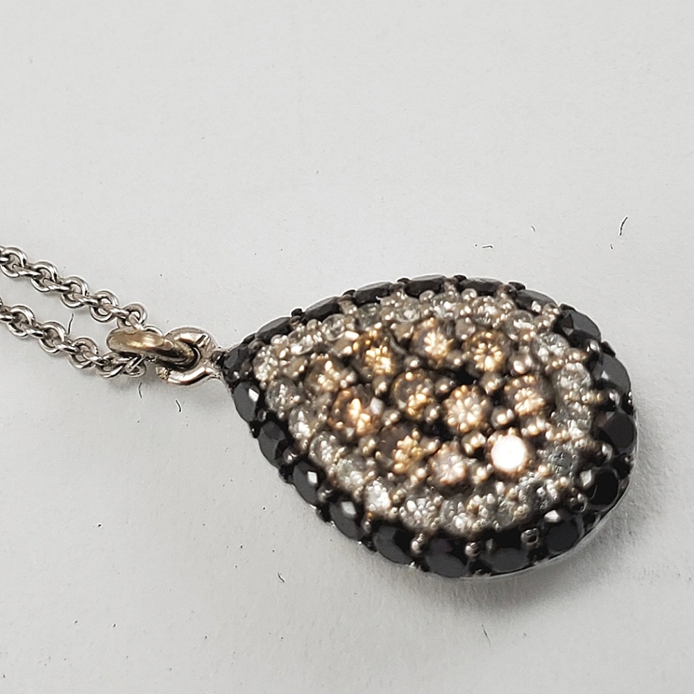 DIAMOND TEAR DROP PENDANT w/ BLACK & WHITE DIAMONDS, CENTER is COGNAC DIAMONDS